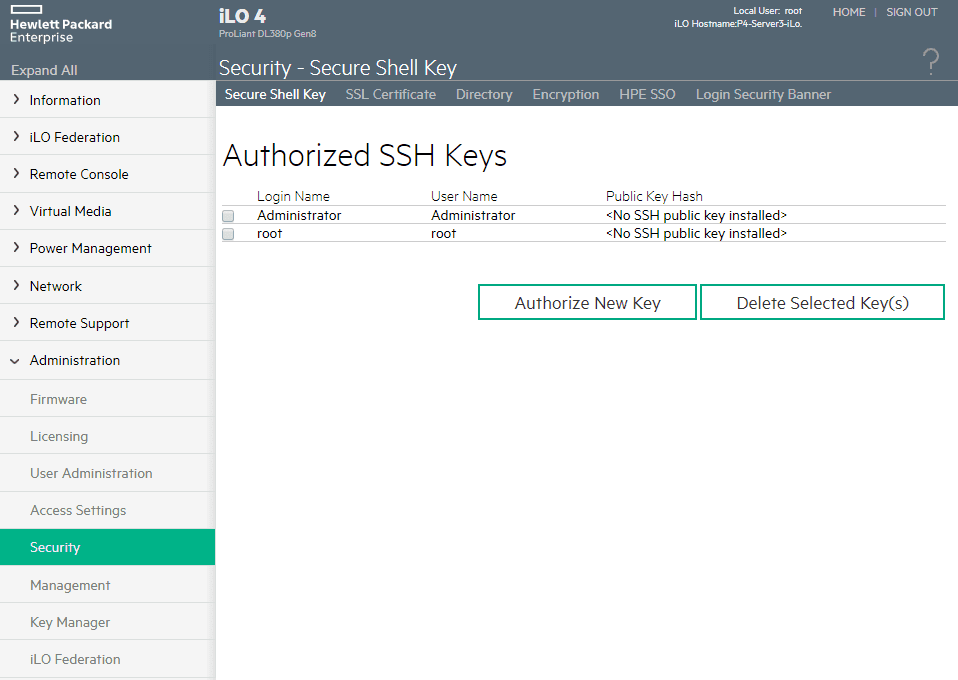 iLO Security Menu iLO Security Menu